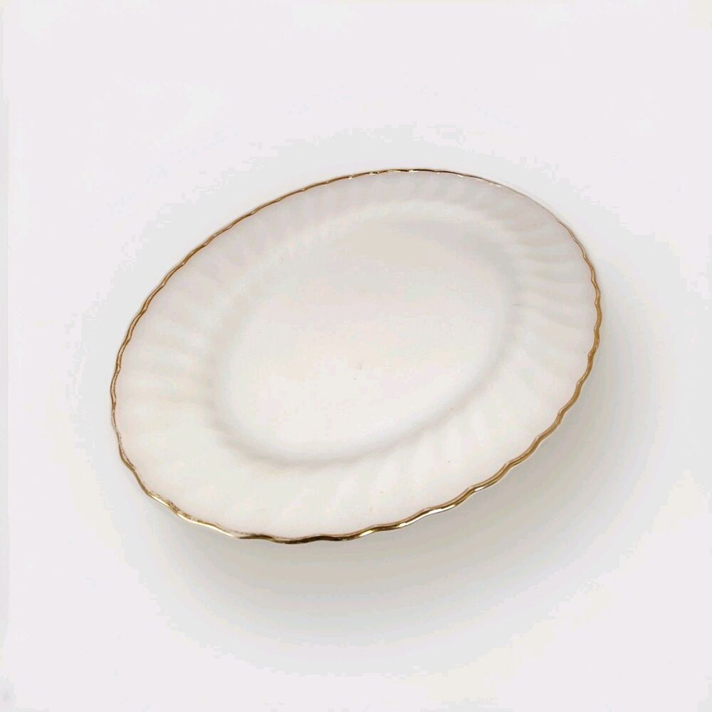 VTG Anchor Hocking Fire King Oval Platter 13'' White Swirl Milk Glass Gold Rim